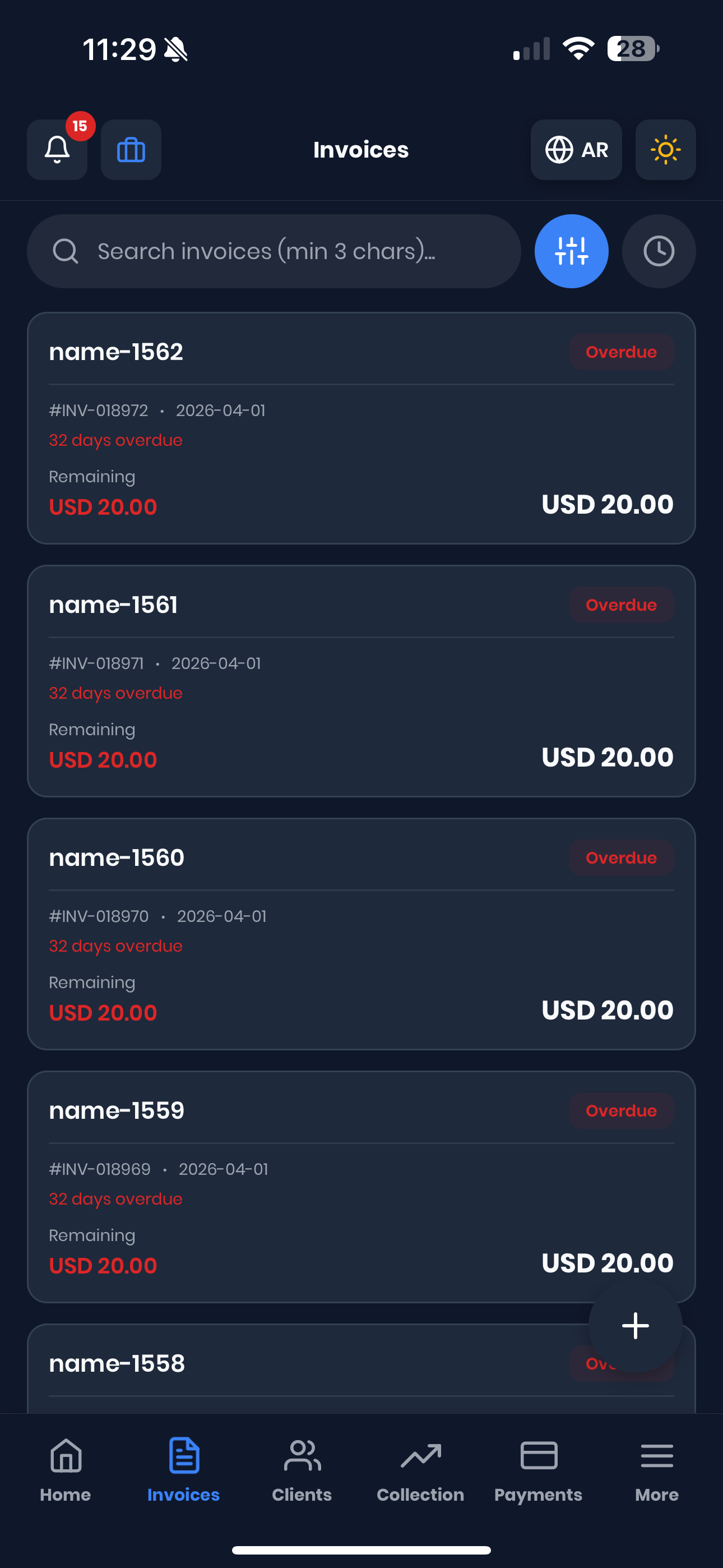 Invoices screen dark